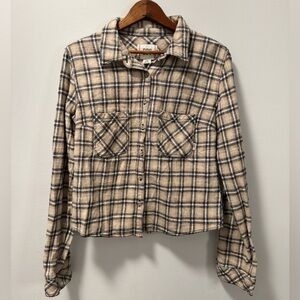 BDG Urban Outfitters Tan Ivory Black Plaid Utility Button Up Flannel Shacket